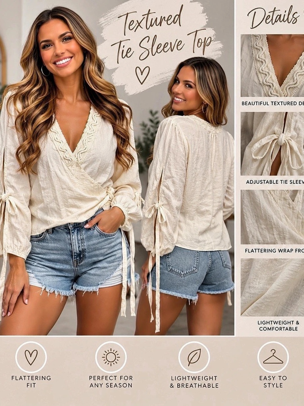 Textured Tie Sleeve Wrap Blouse in White Like New